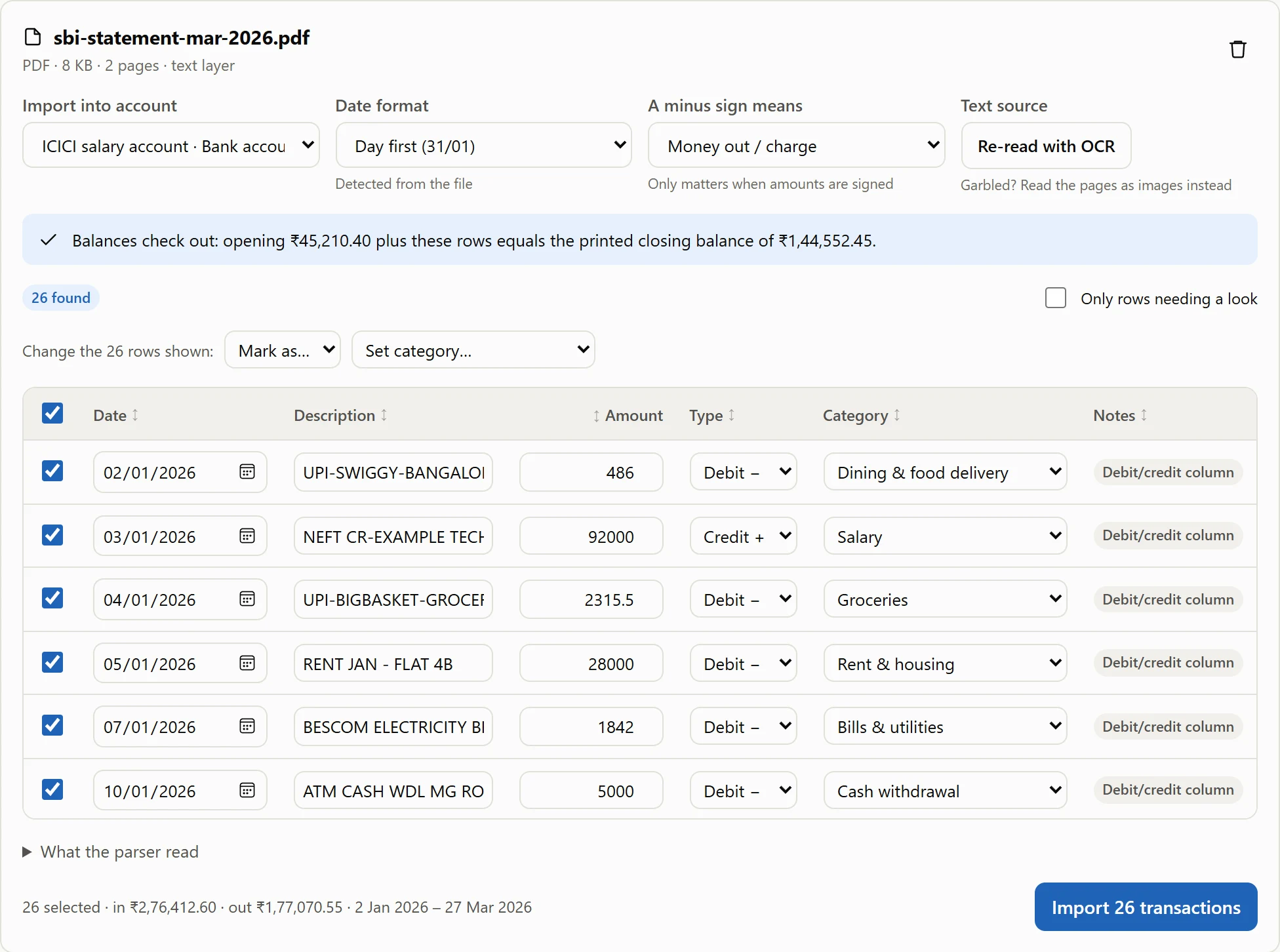 The review screen for an SBI statement: 26 transactions found, the date format detected from the file, and a confirmation that opening ₹45,210.40 plus the rows equals the printed closing balance.